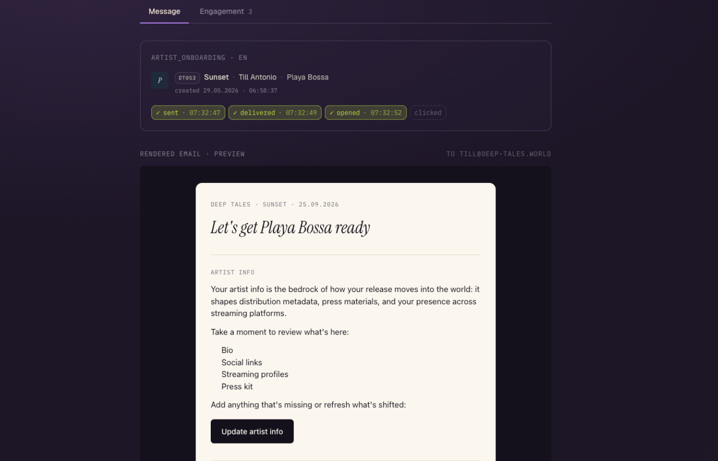 Branded artist onboarding page from Labelflow — DEEP TALES, request for bio, social links, streaming profiles, press kit